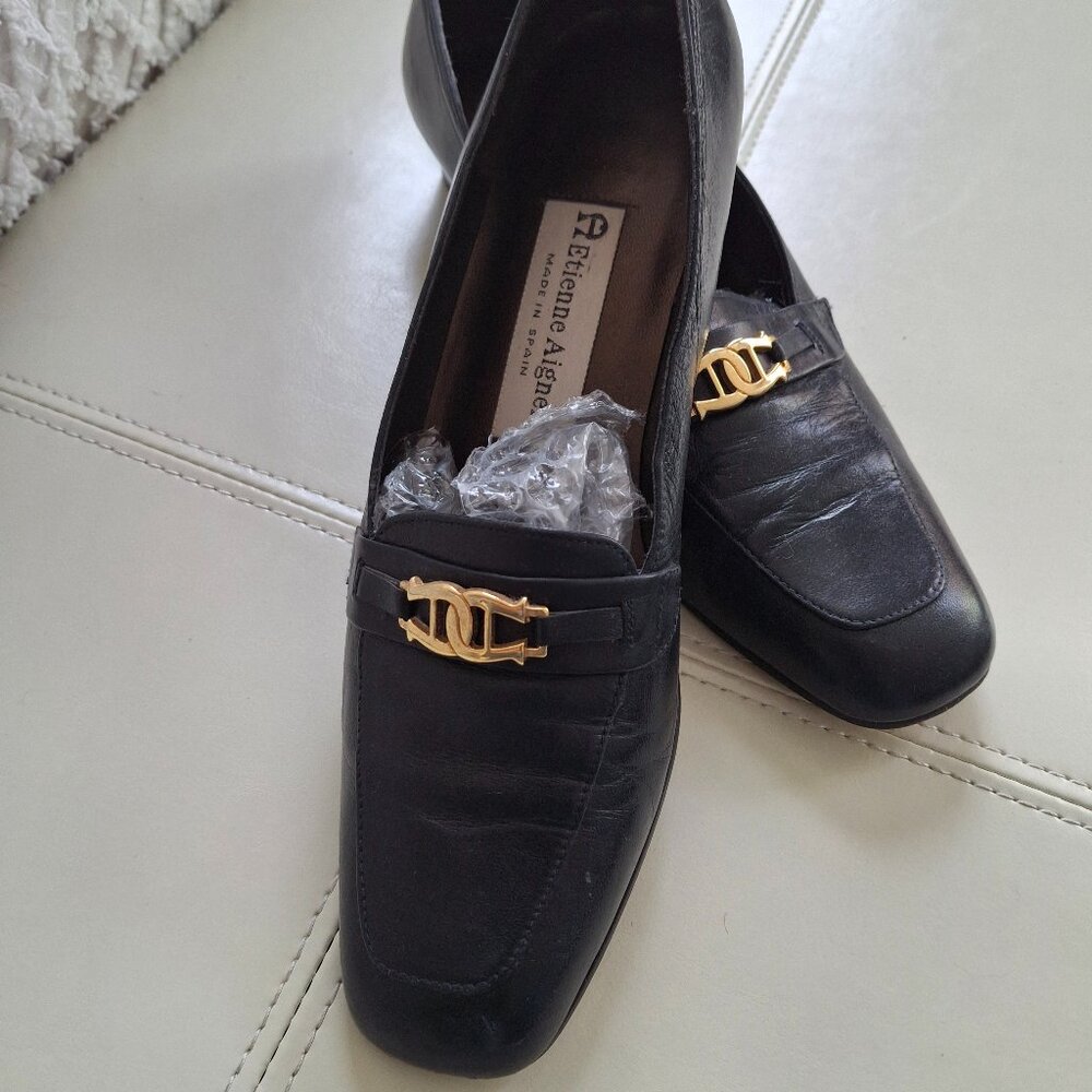 Etienne Aigner Valentine Loafers Vintage Slip Ons Logo Buckle Navy